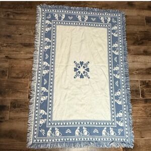 Cottagecore VTG Cat Heart Woven Tapestry Throw Fringe Blanket, Blue White,40x59